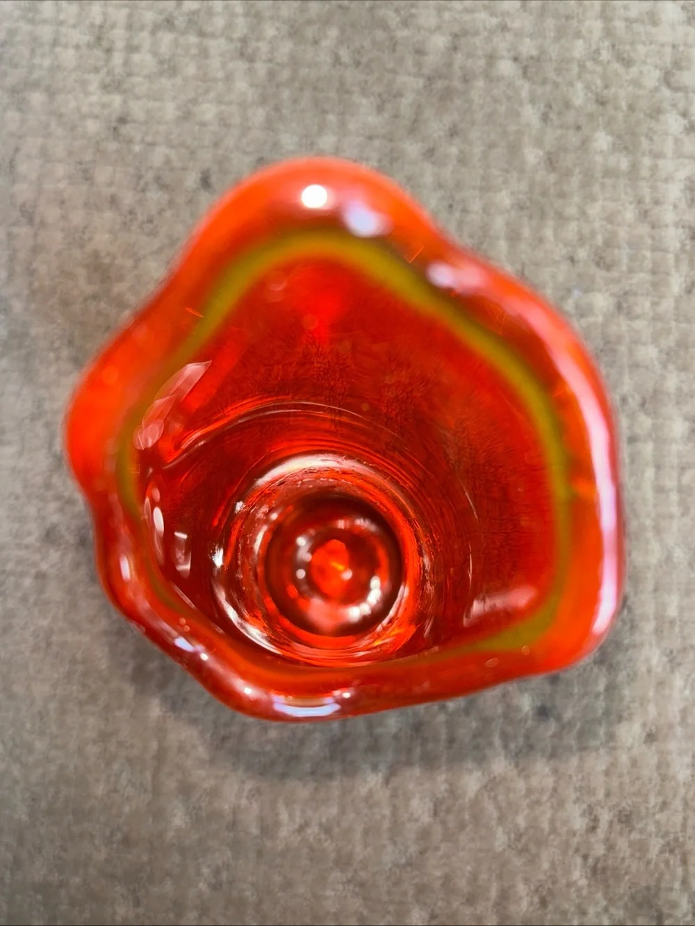 Vintage Viking glass orange Bud Vase with Yellow scalloped Rim